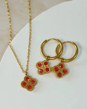 Conjunto Collar+Aro Trebol Rojo