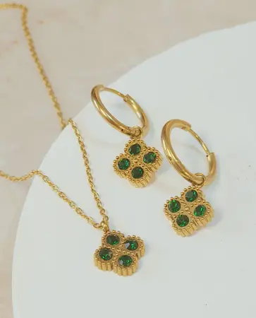 Conjunto Collar+Aro Trebol Verde